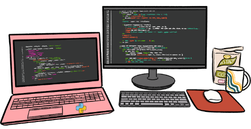 Illustration of two computers with Python logo and code on screens